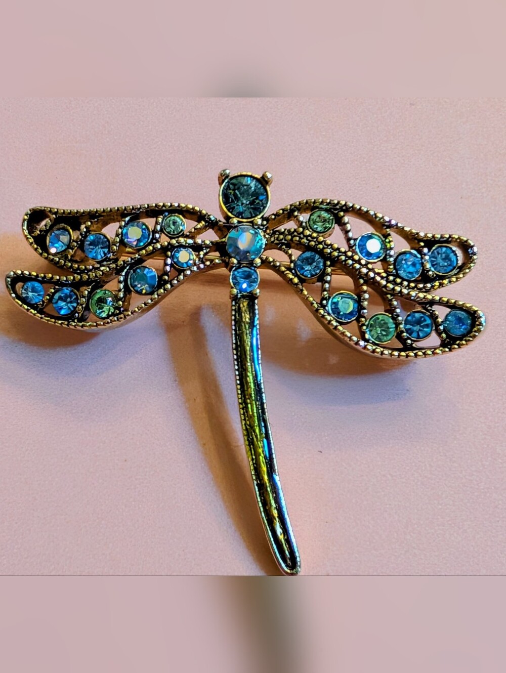 Vintage Dragonfly Brooch Gold Tones Blue And Green Gems